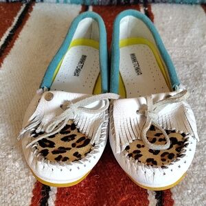 Minnetonka White Moccasins with Leopard and Teal Accents
